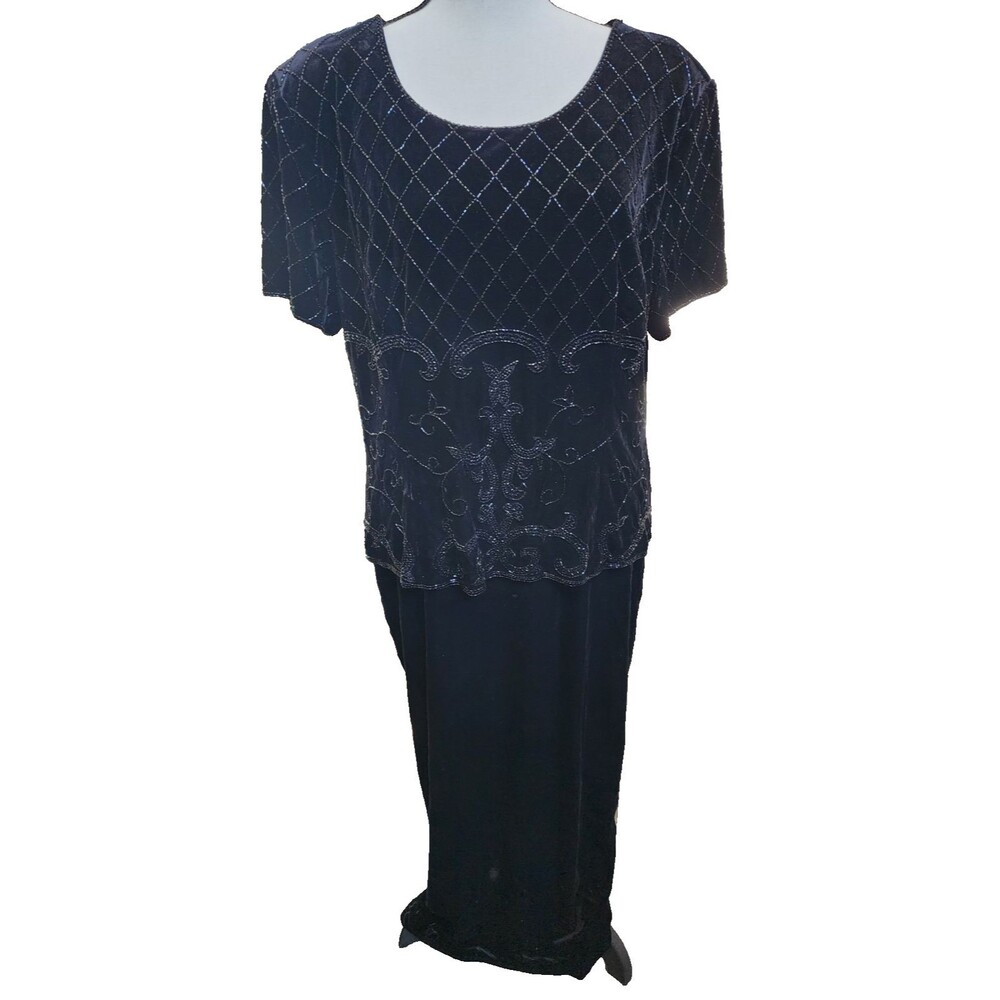 Vintage R&M Richards Velvet Beaded Formal Dress Black Size 16